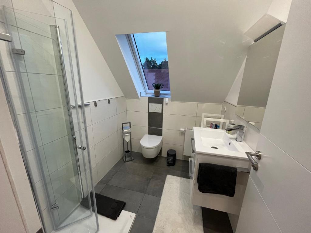 Modernes Badezimmer mit Dusche und Dachfenster