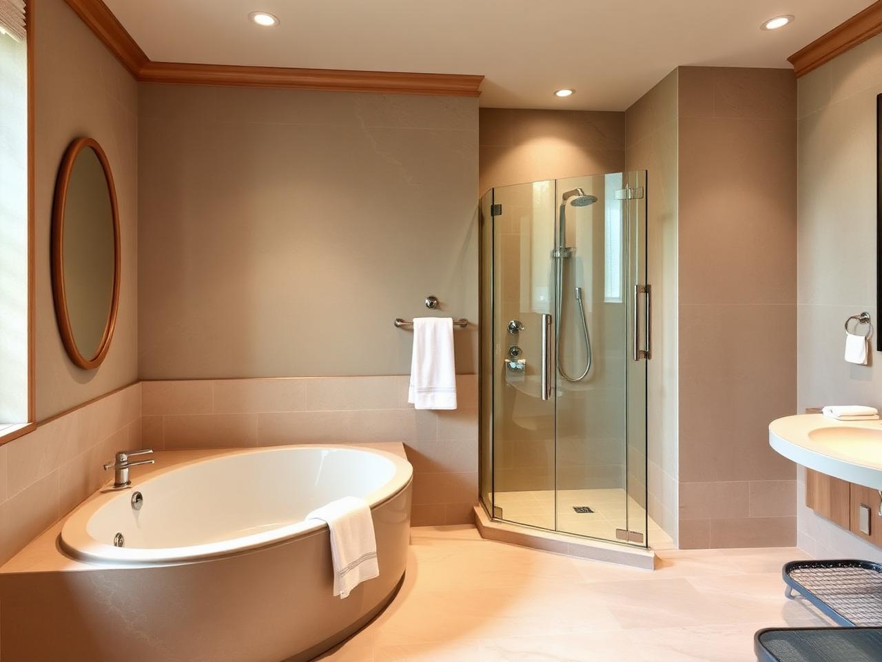 Badezimmer mit Eckbadewanne und separater Dusche